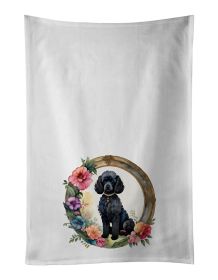 Black Poodle and Flowers Kitchen Towel Set of 2 White Dish Towels Decorative Bathroom Hand towel for Hand, Face, Hair, Yoga, Tea, Dishcloth, 19 X 28"